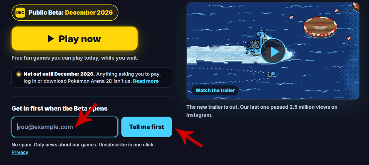 Apuntarse a la beta Pokémon 2D Arena