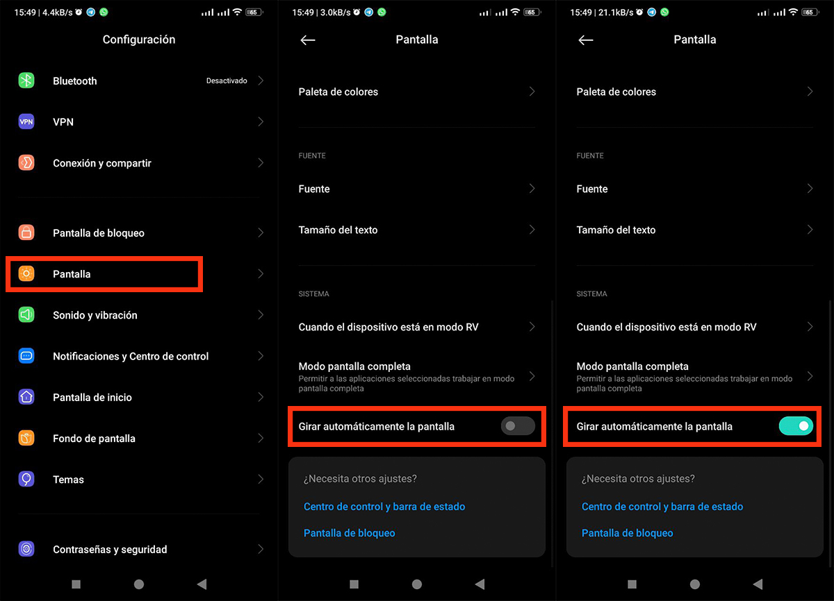 Asegurate de que la rotacion automatica de pantalla en Android este activada