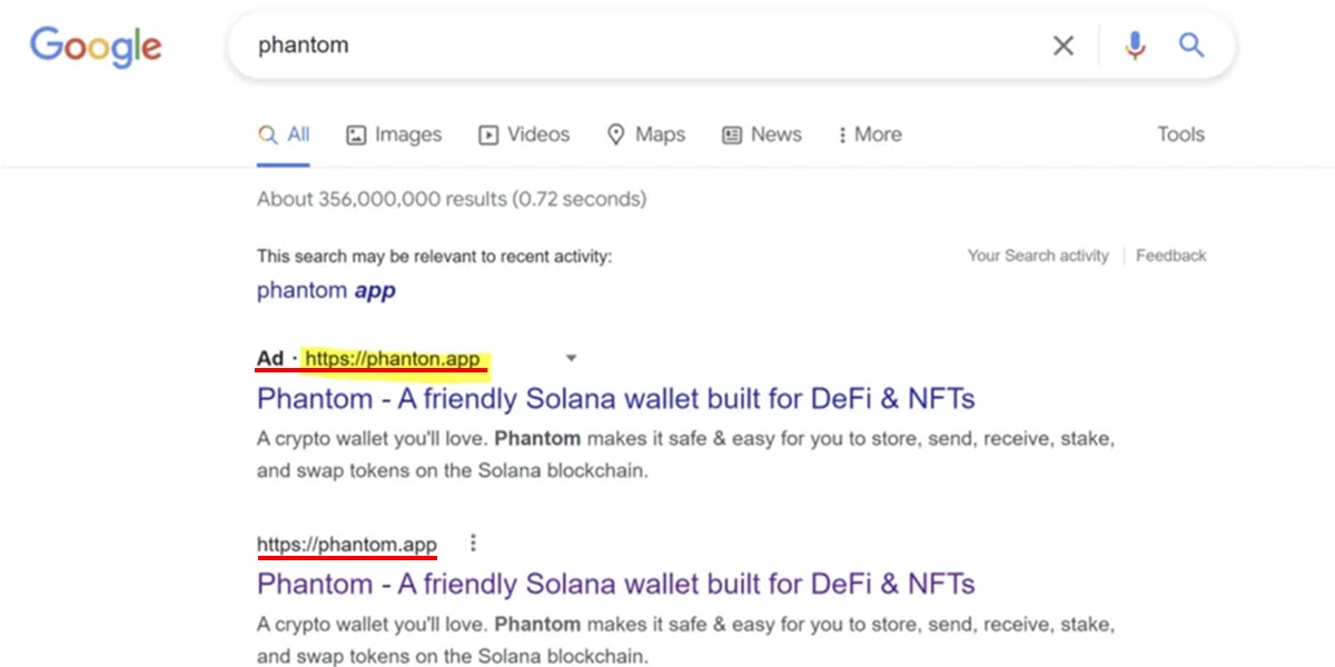Asi son los anuncios de wallets falsos en Google