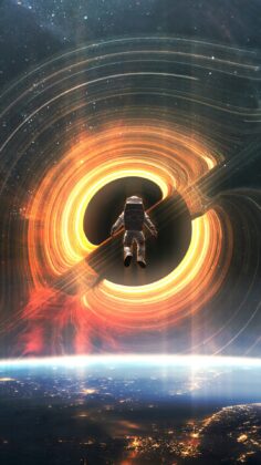 Astronauta contemplando un agujero negro en el espacio