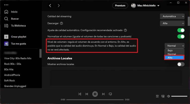 Aumentar volumen de las canciones en Spotify PC