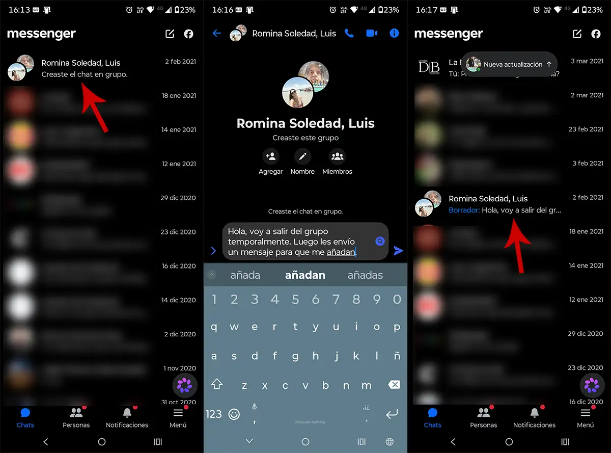 Avisar que te vas a ir de un grupo de Messenger