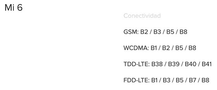 Bandas 4G Xiaomi Mi 6 espana