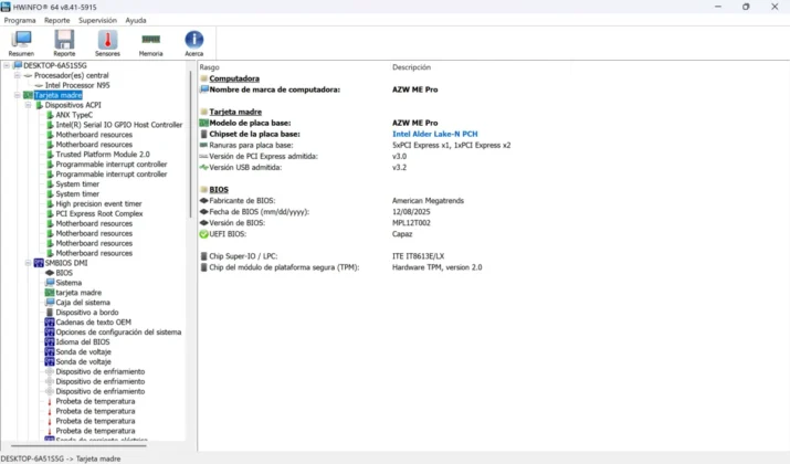 Beelink ME Pro info de la tarjeta madre