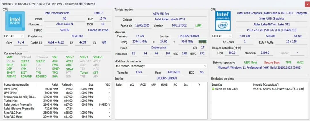 Beelink ME Pro informacion en hwinfo