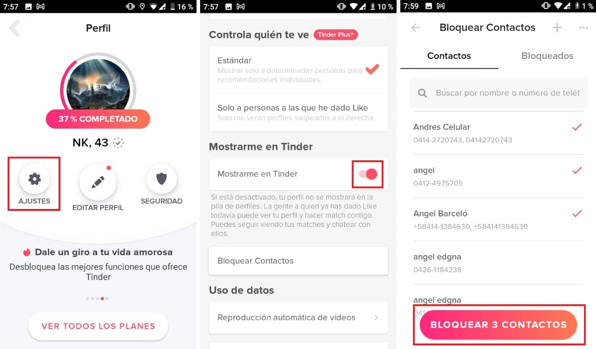 Bloquear contactos en Tinder