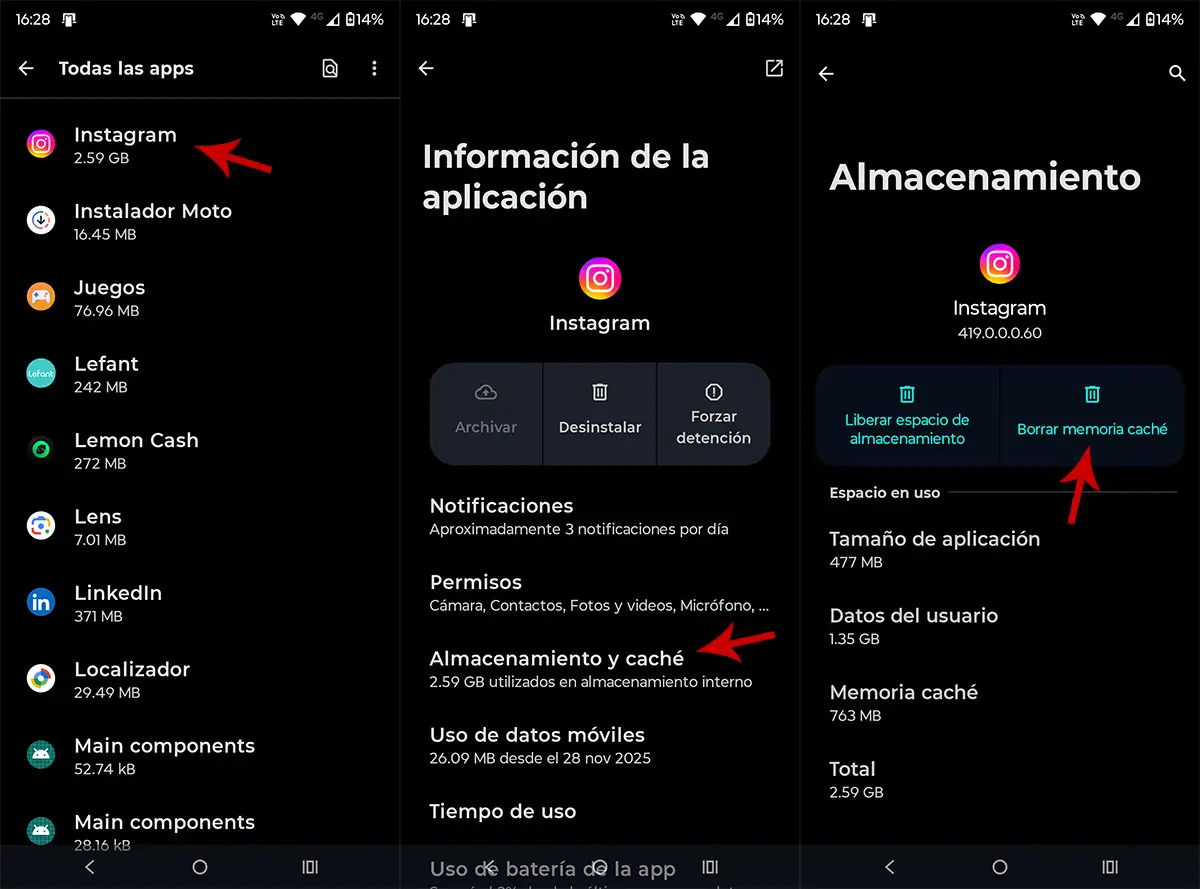 Borar la memoria caché de Instagram en Android