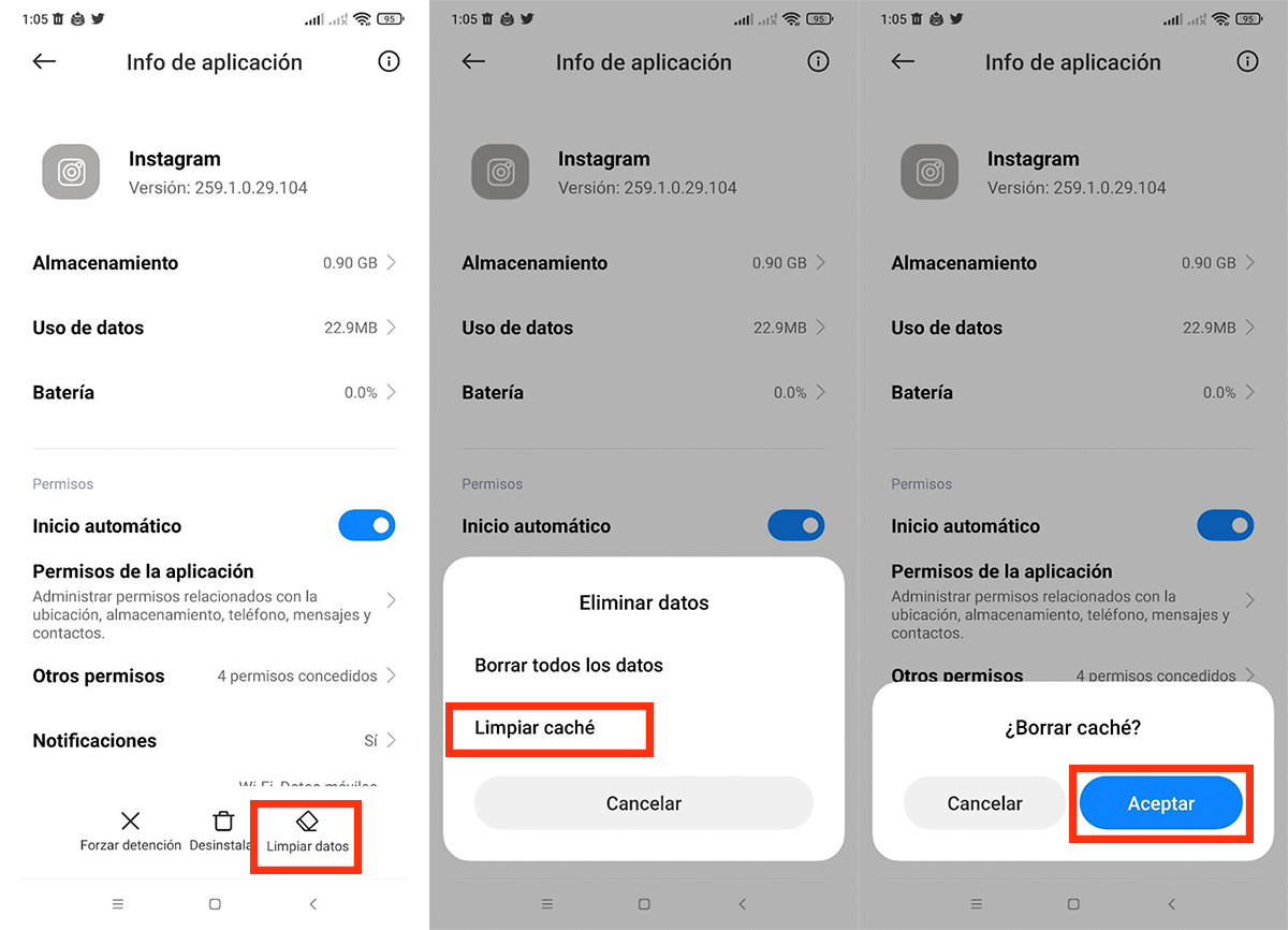 Borra la cache e la app de instagram