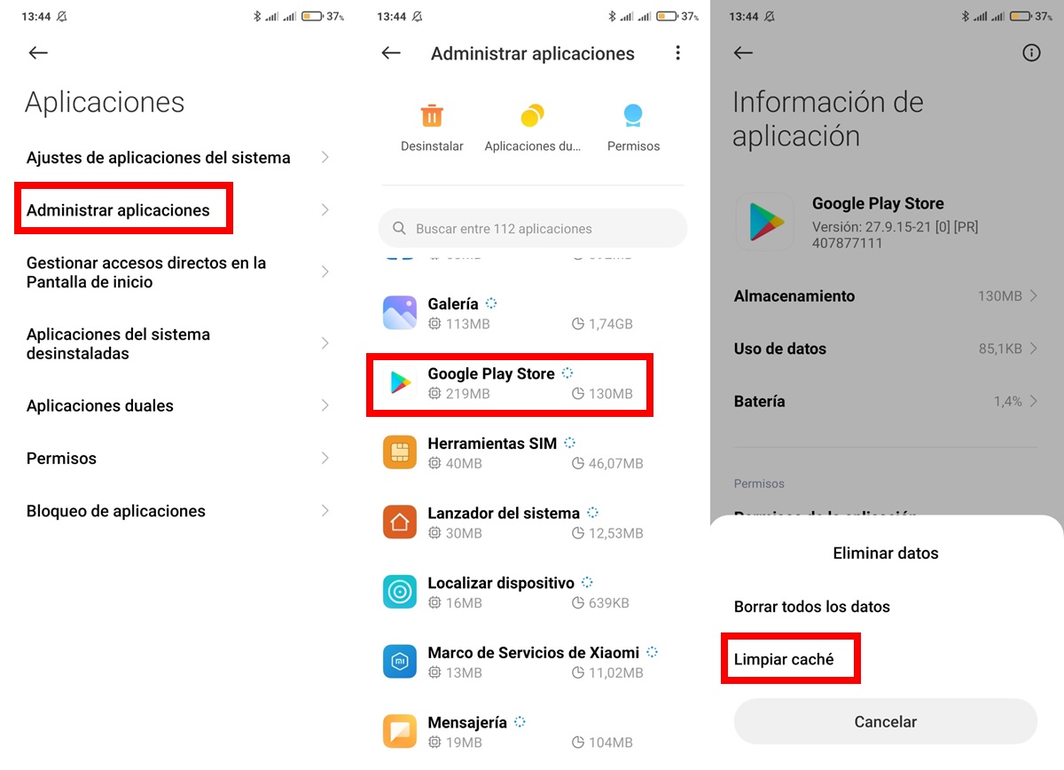 Borra las cookies de Google Play Store