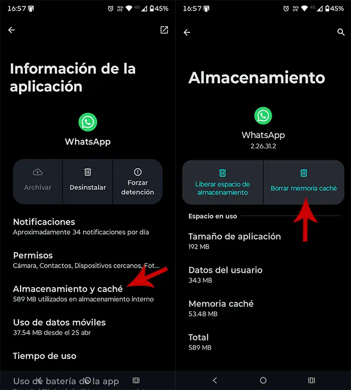 Borrar caché WhatsApp