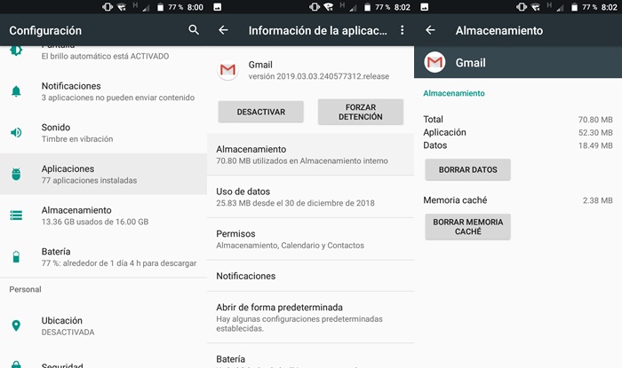 Borrar cache de la app Gmail en Android