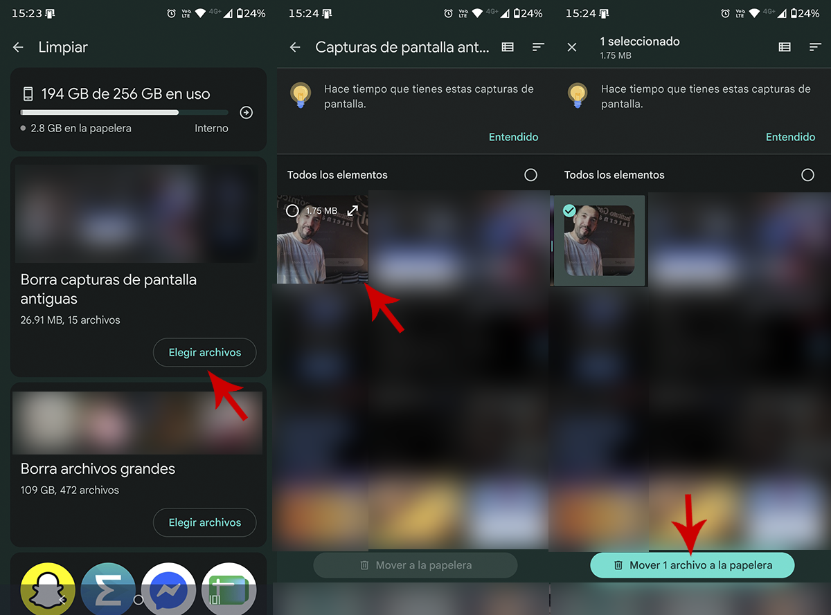 Borrar capturas de pantalla antiguas Google Files