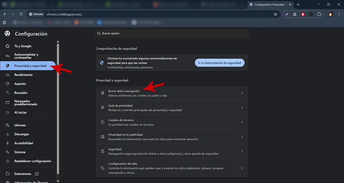 Borrar datos de navegación Chrome