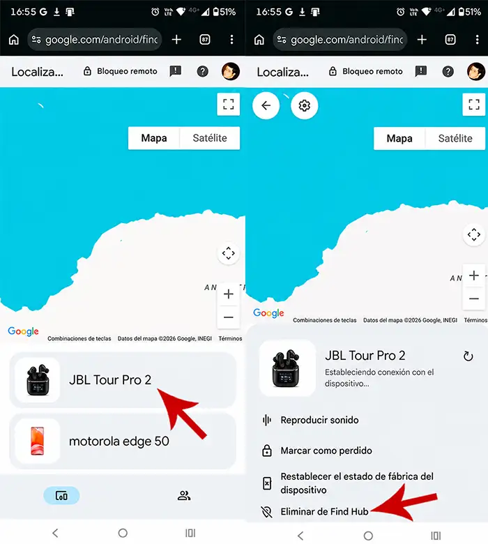 Borrar dispositivo de Find Hub en el navegador