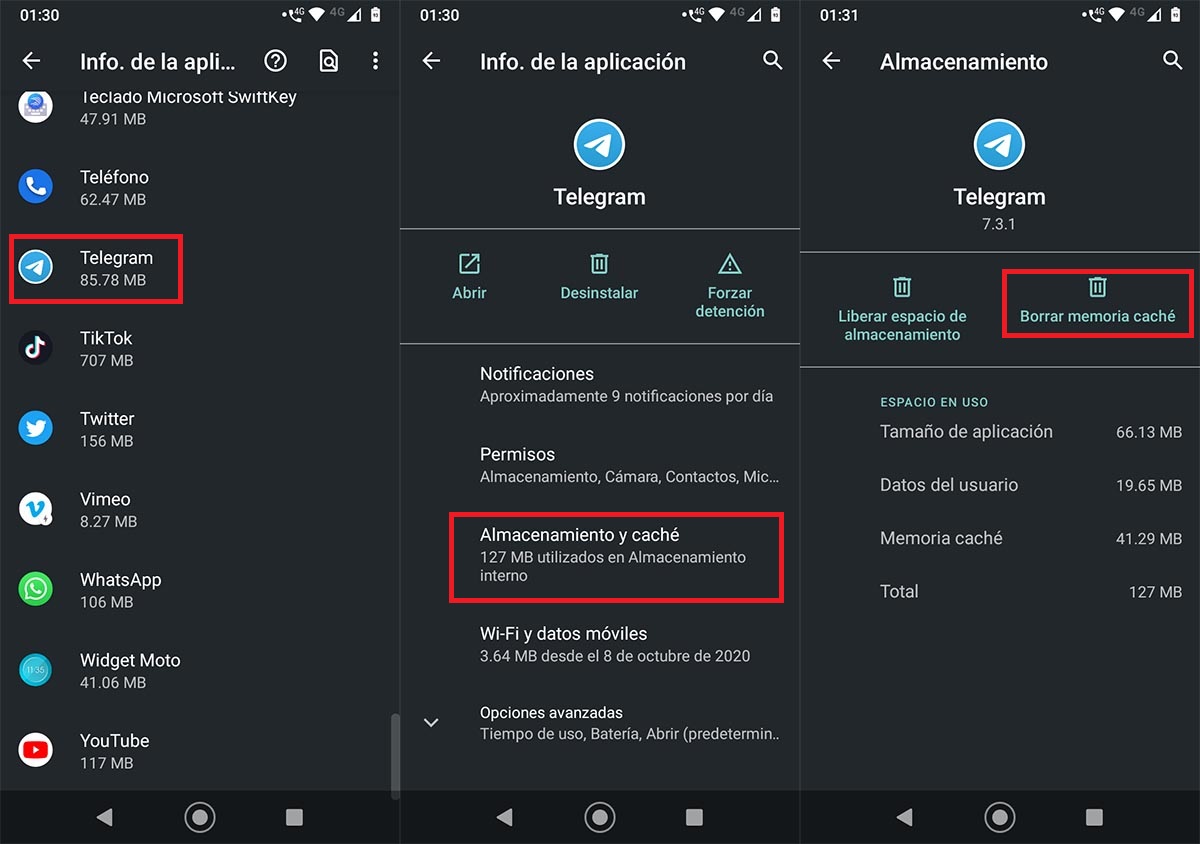 Borrar el cache de Telegram Android
