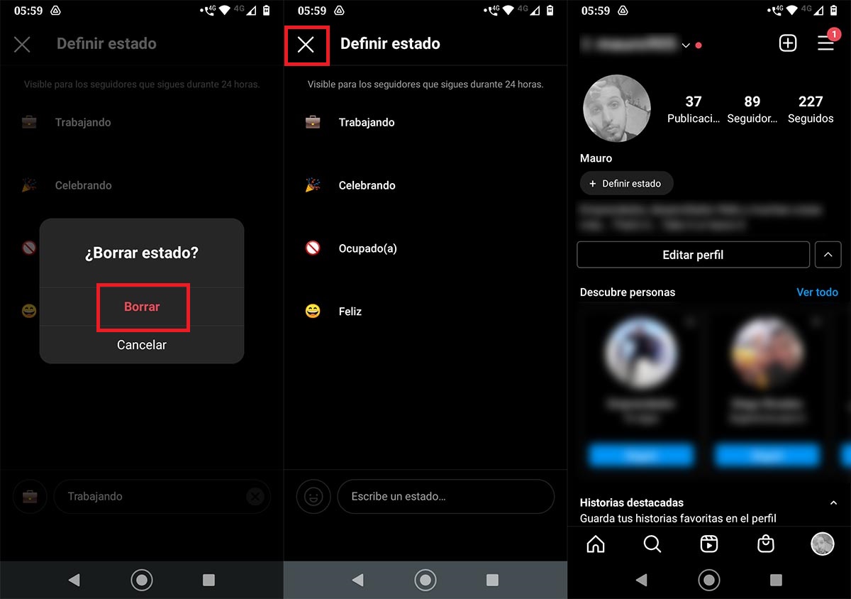 Borrar estado del perfil de Instagram