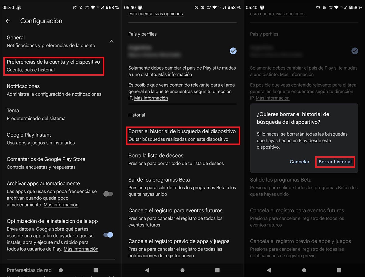 Borrar historial de busqueda Play Store