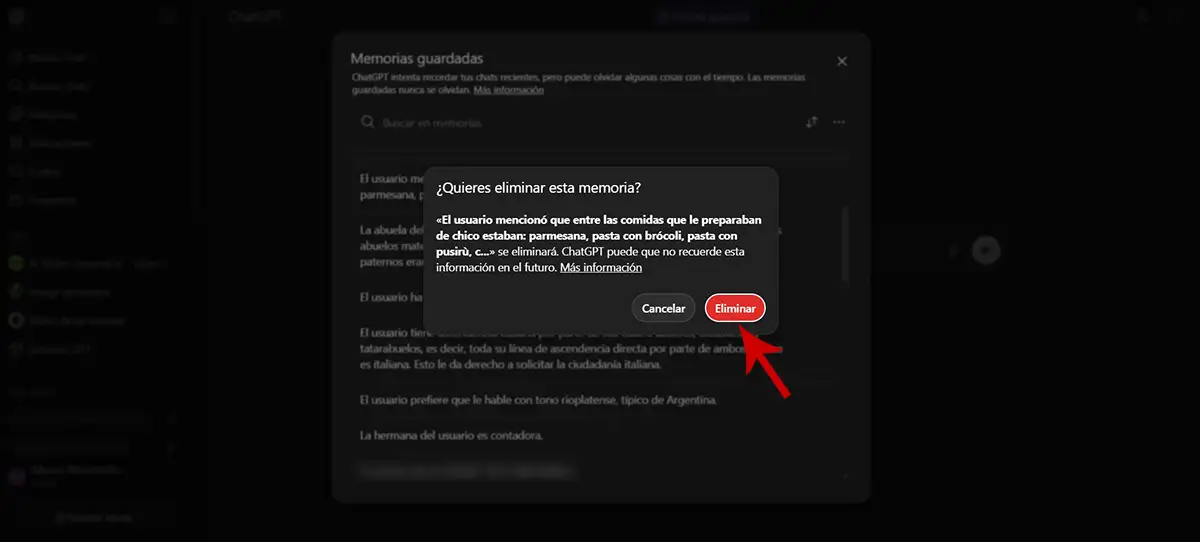 Borrar la memoria que guarda ChatGPT