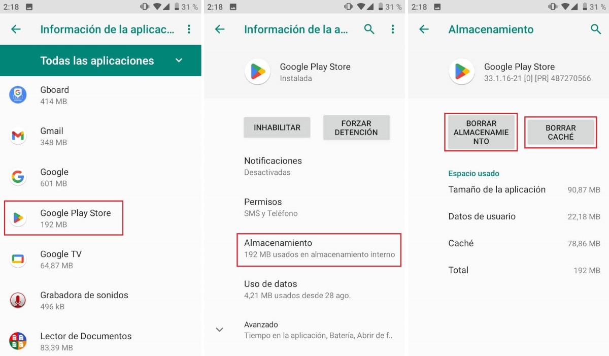 Borrar los datos y el caché de Play Store