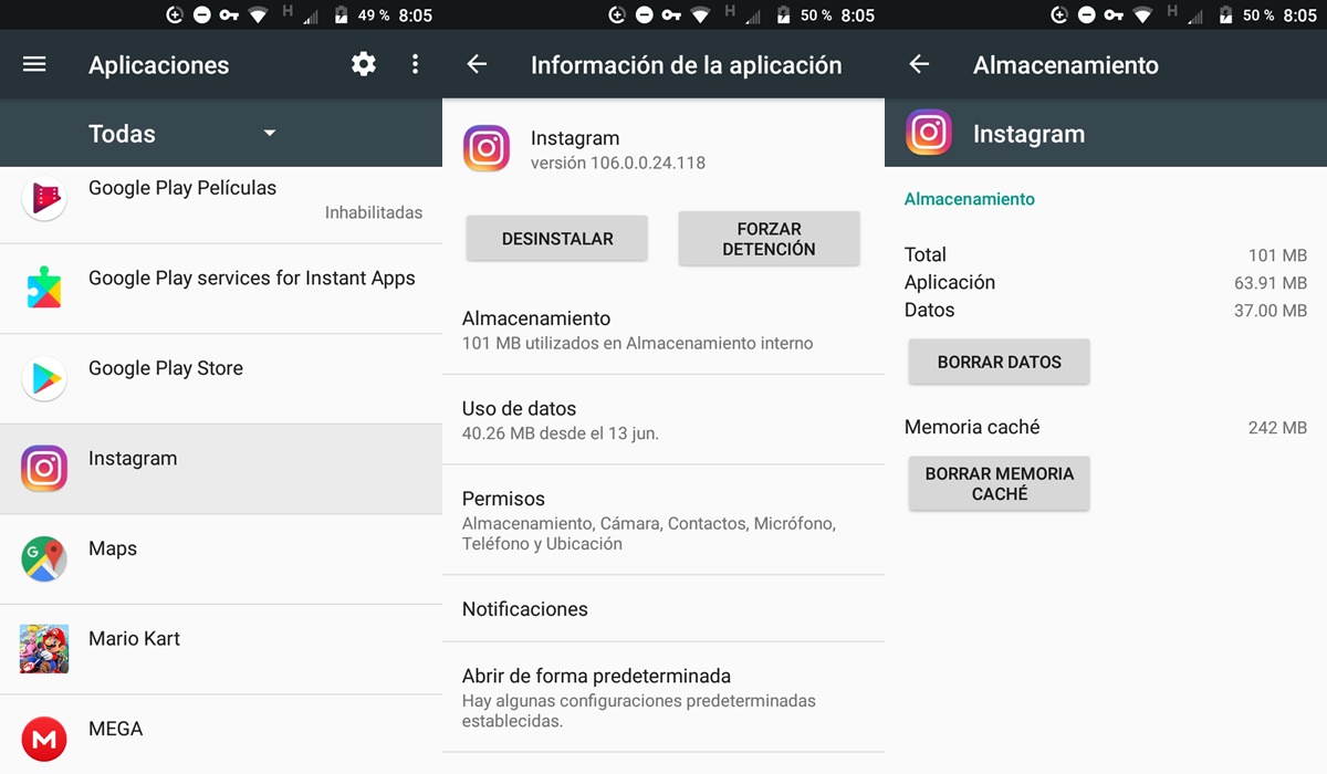 Borrar memoria cache Instagram android