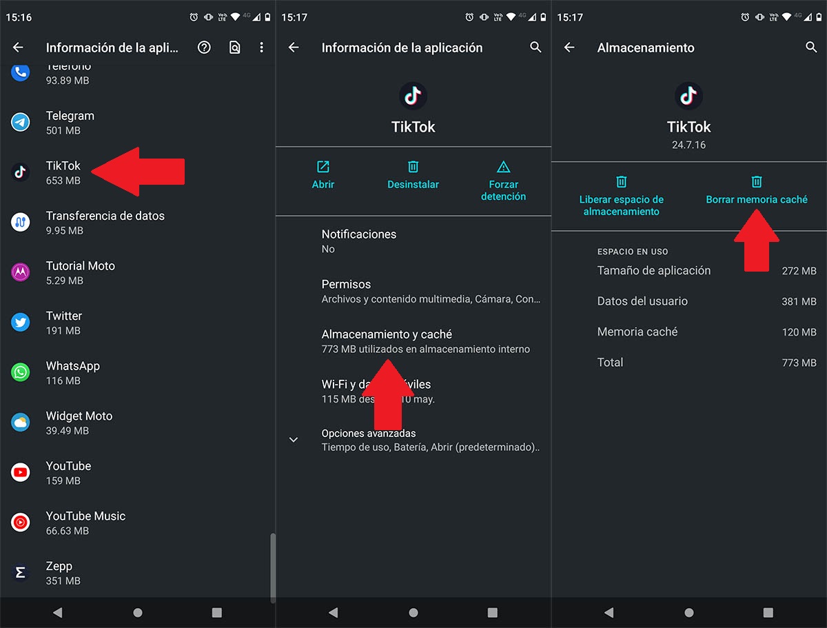 Borrar memoria cache TikTok en Android