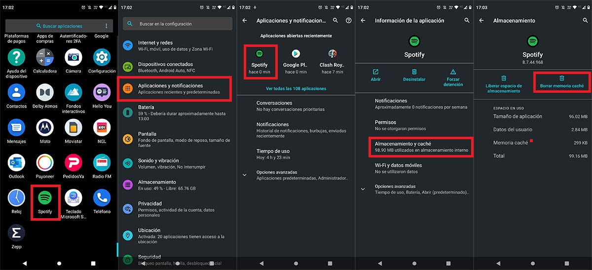 Borrar memoria cache de Spotify en Android