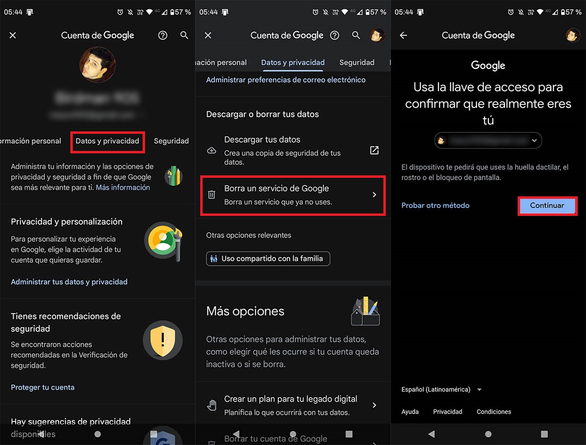 Borrar servicio de Google