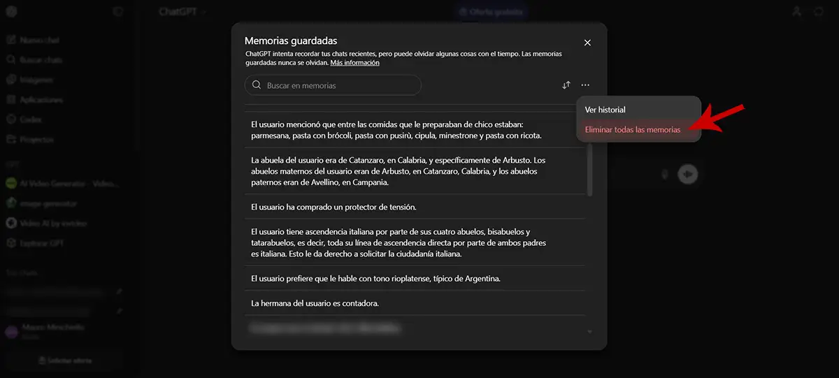 Borrar todas las memorias almacenadas en ChatGPT PC