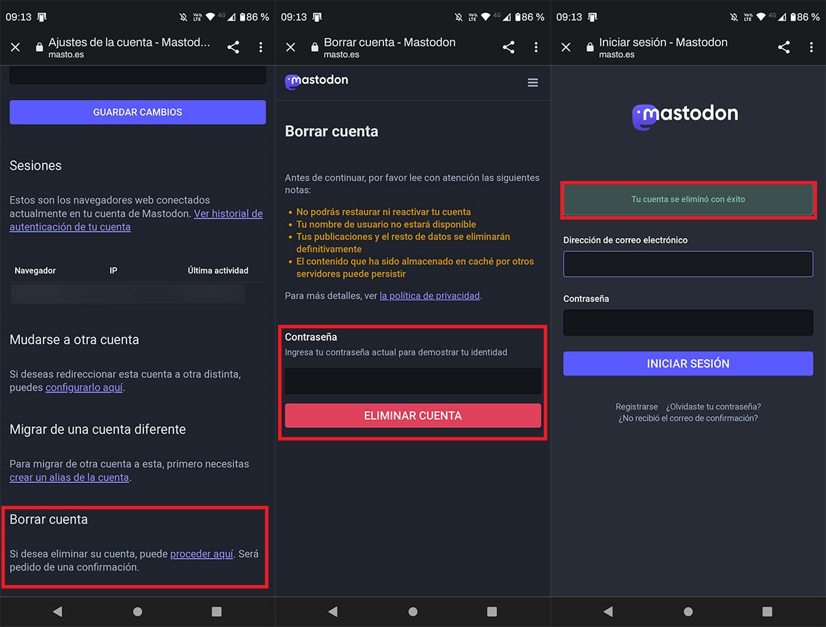 Borrar una cuenta de Mastodon desde el movil