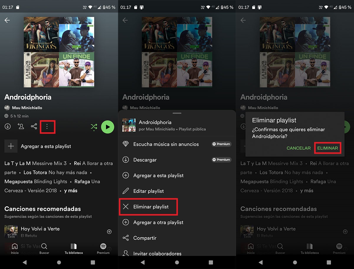 Borrar una playlist de Spotify desde la app