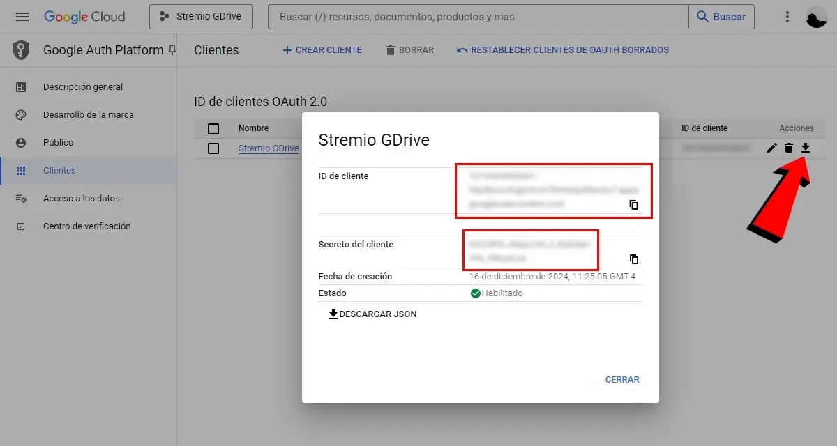 Busca el ID de cliente y Secreto del cliente en Google Auth Platform