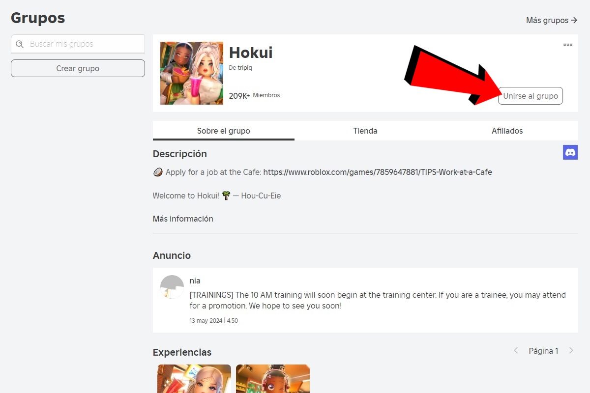 Busca el grupo de Roblox de Hokui y unete