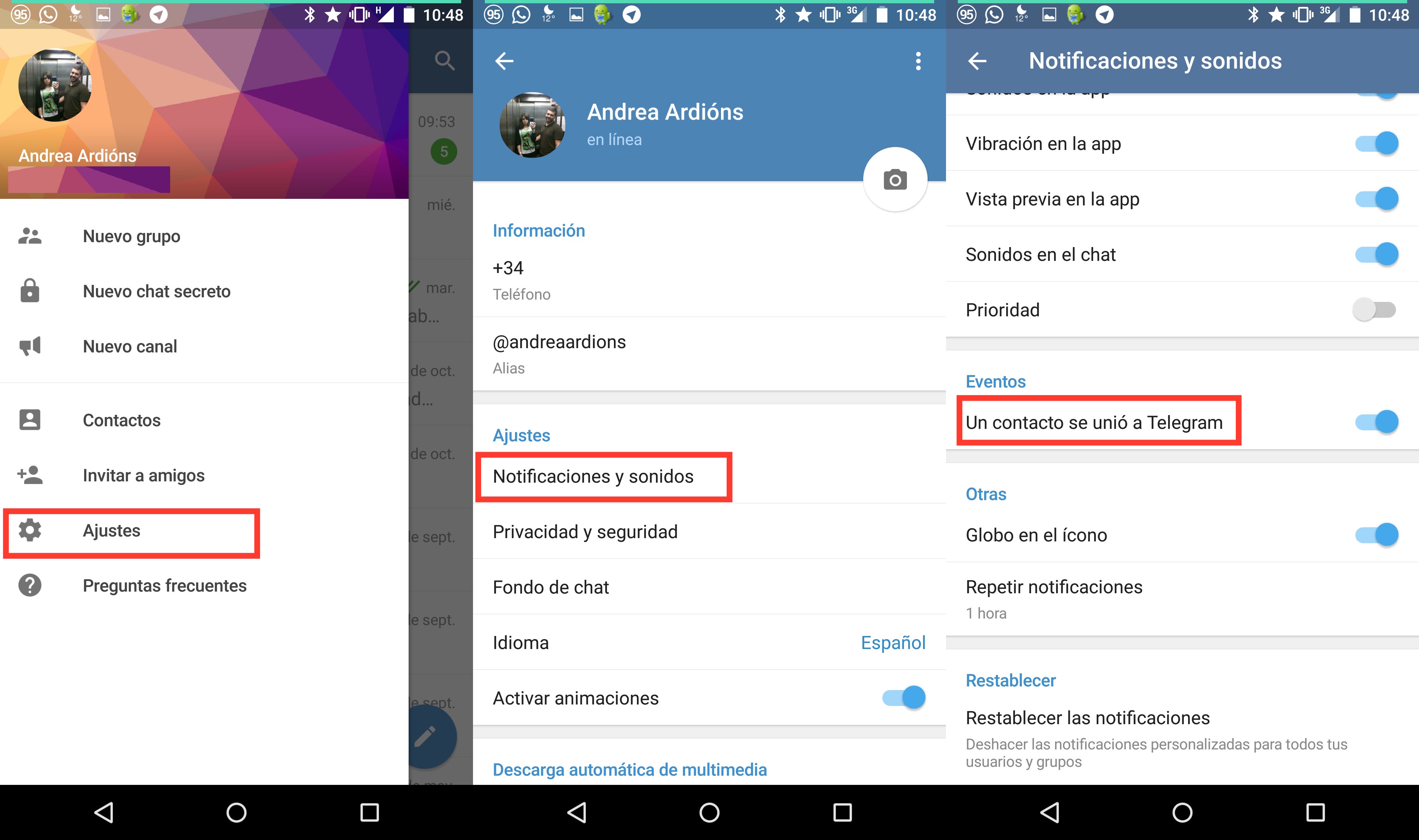 Cómo eliminar la notificación de un contacto se unió a Telegram