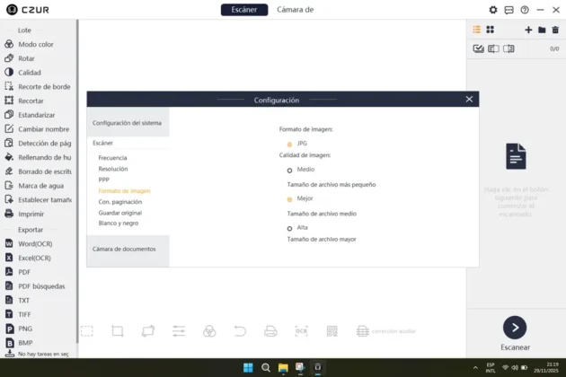 CZUR ET MAX el software te permite elegir el formato de imagen para escanear