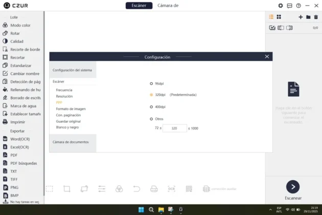 CZUR ET MAX tambien puedes configurar los PPP de cada escaneo