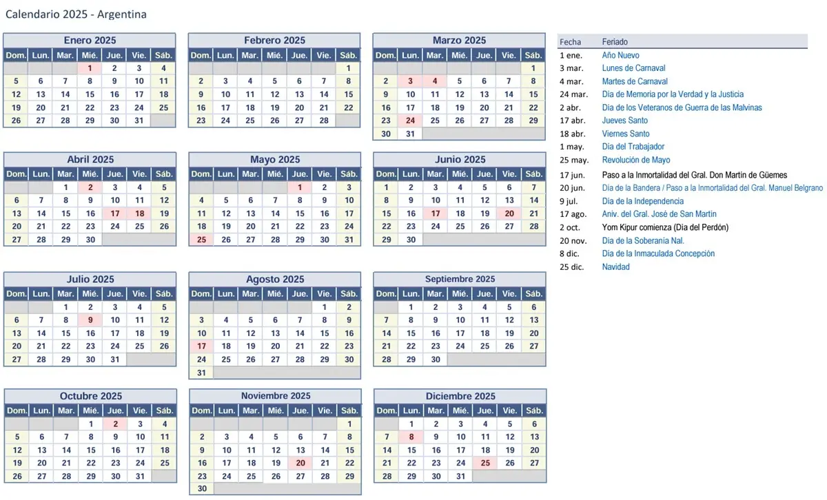 Calendario 2025 de Argentina con dias festivos para imprimir 2025