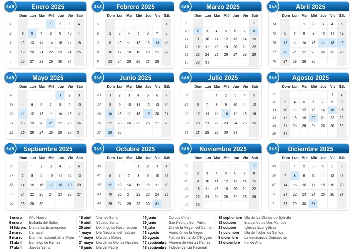 Calendario 2025 de Chile con dias festivos para imprimir 2025