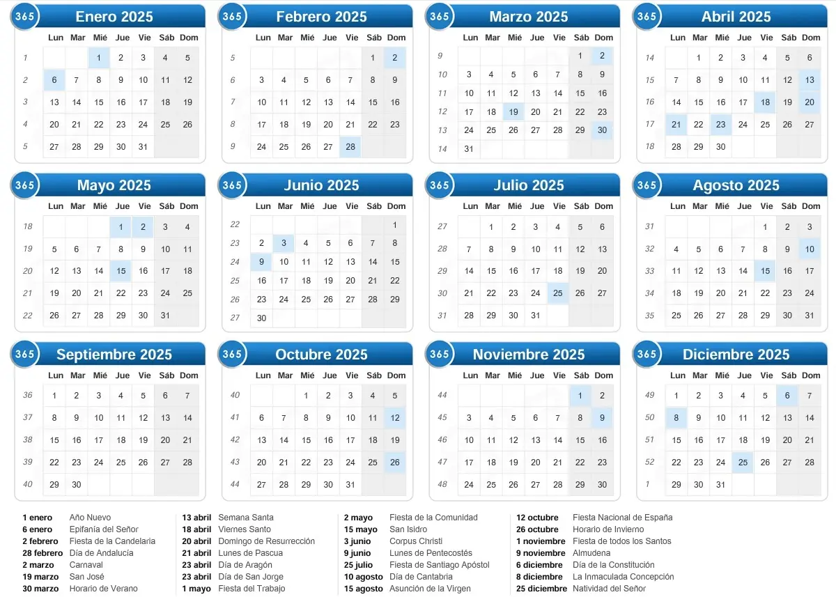 Calendario 2025 de Espana con dias festivos para imprimir 2025