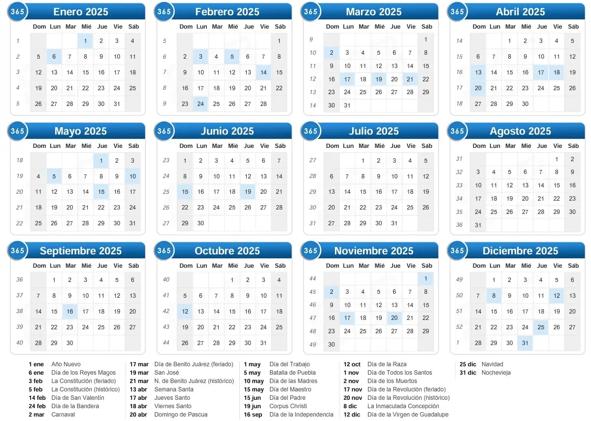 Calendario 2025 de Mexico con dias festivos para imprimir 2025