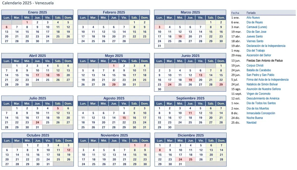 Calendario 2025 de Venezuela con dias festivos para imprimir 2025