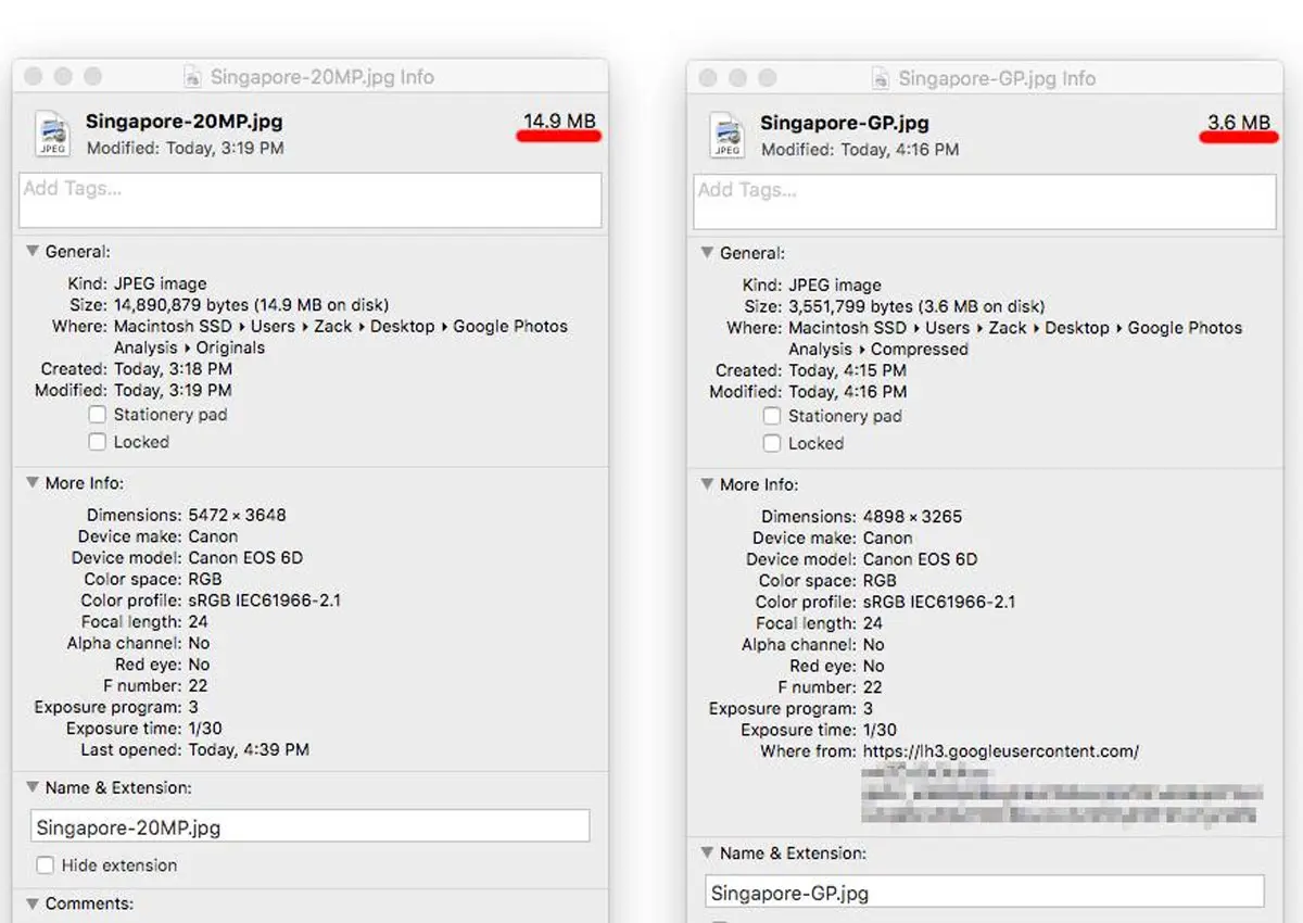 Diferencia de tamaño al comprimir una foto en Google Fotos