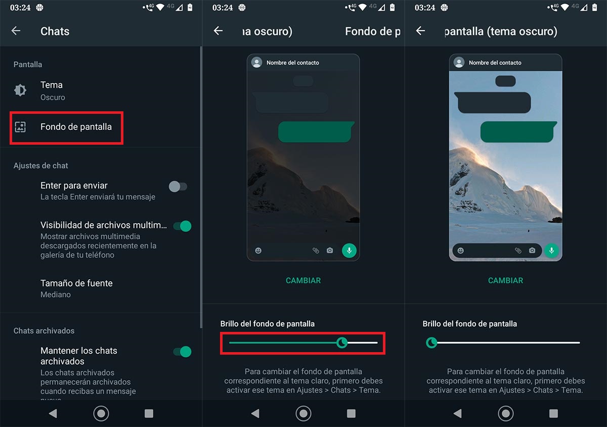 Cambiar brillo fondo de WhatsApp