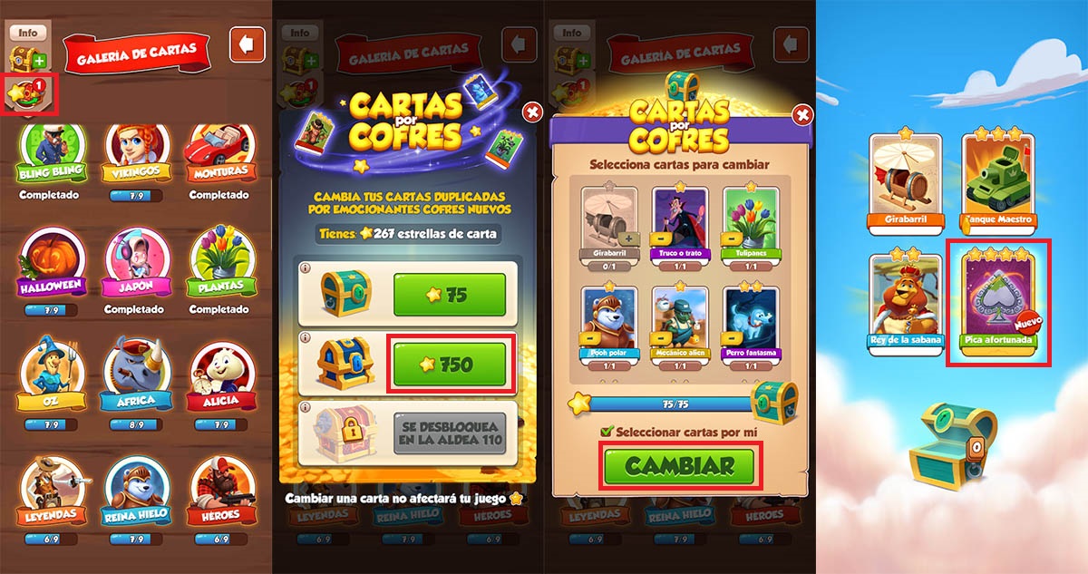 Cambiar cartas repetidas por cofres Coin Master