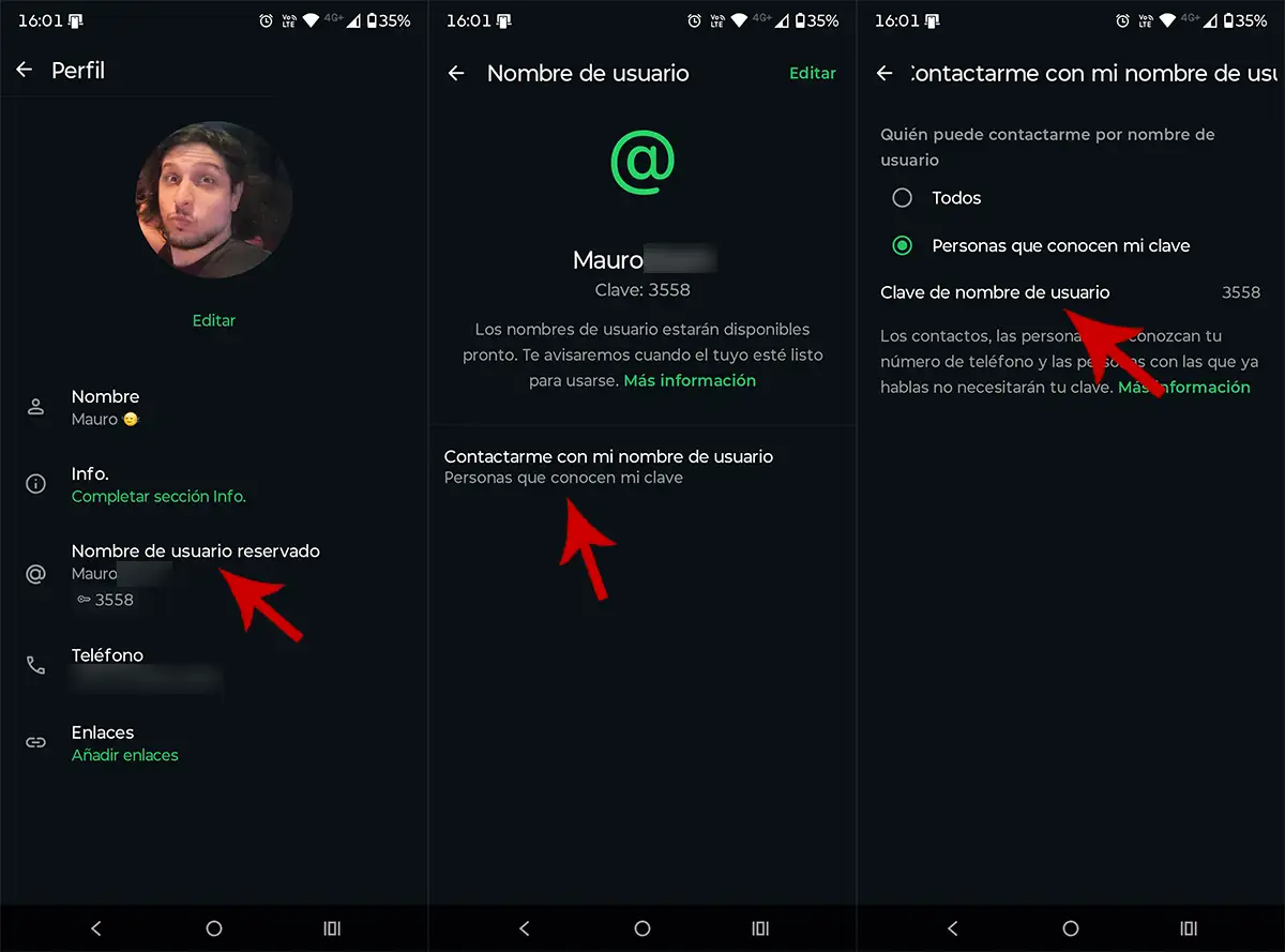 Cambiar clave nombre de usuario WhatsApp
