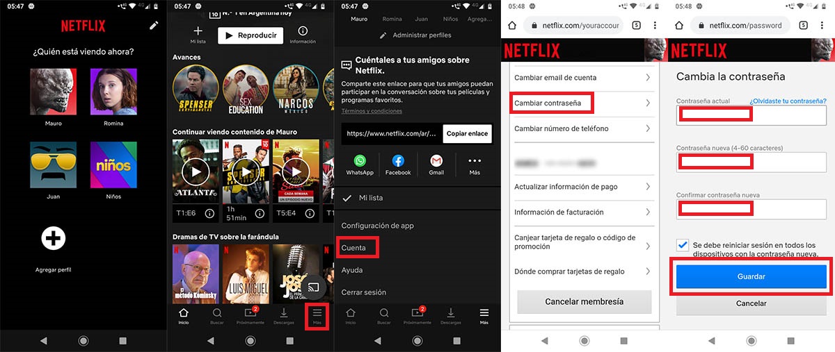 Cambiar contraseña Netflix Android