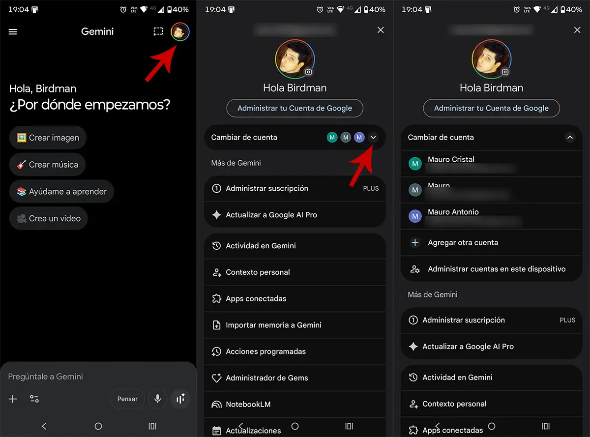 Cambiar de cuenta en Gemini