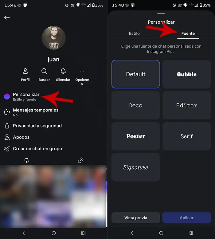 Cambiar fuente dentro de un chat de Instagram