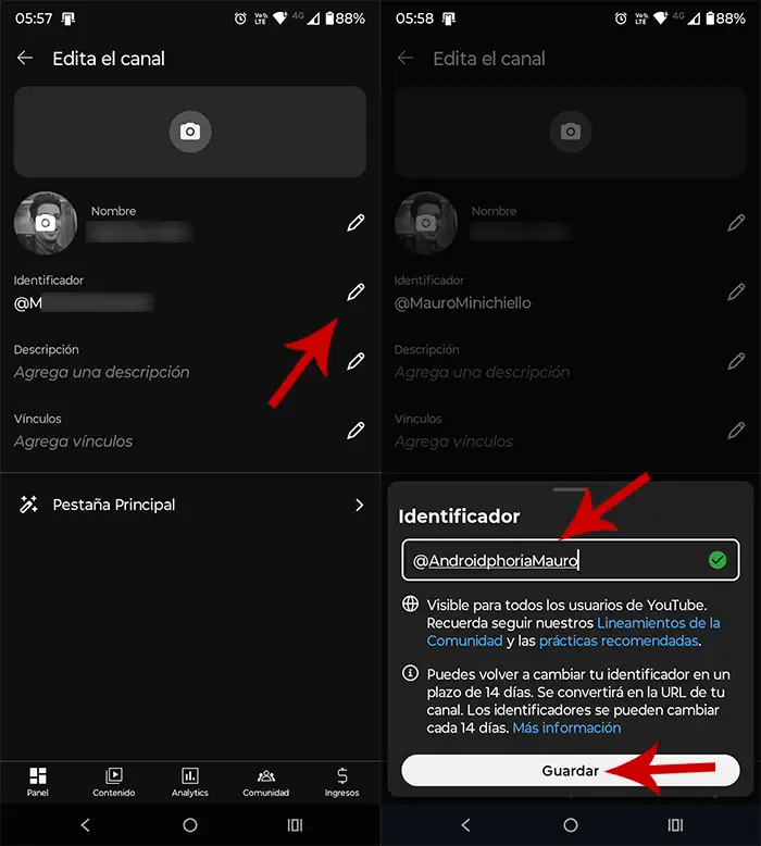 Cambiar identificador YouTube desde app YouTube Studio móvil