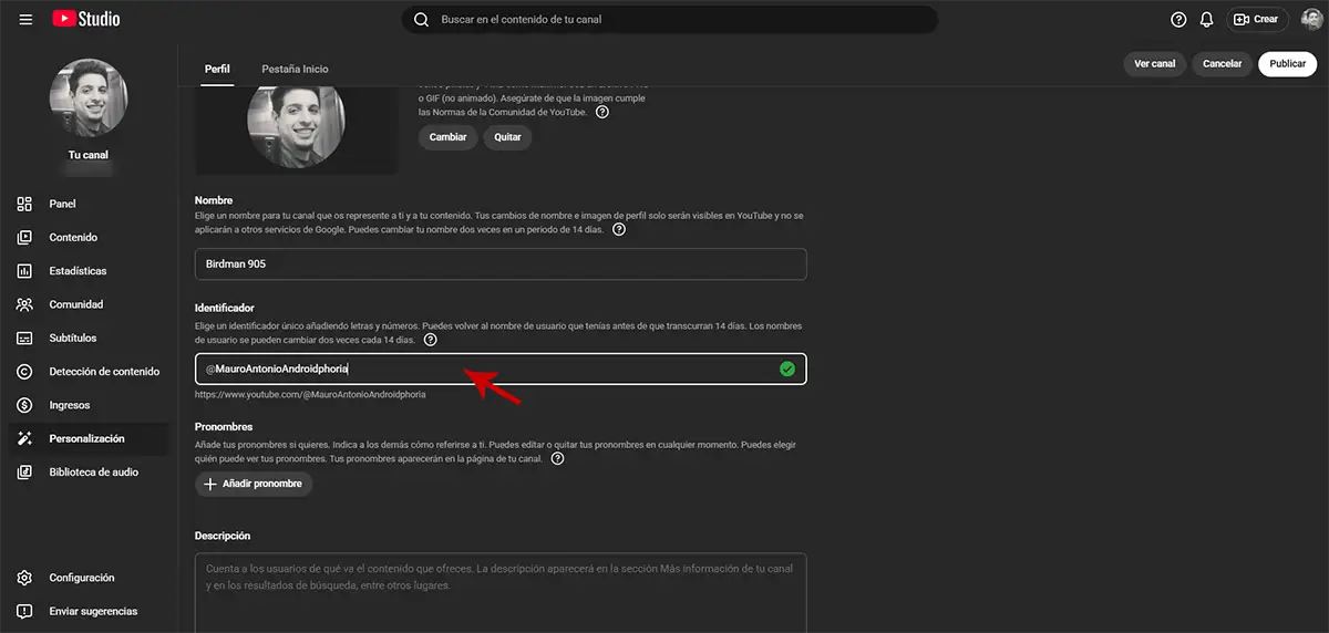 Cambiar identificador de YouTube y guardar cambios