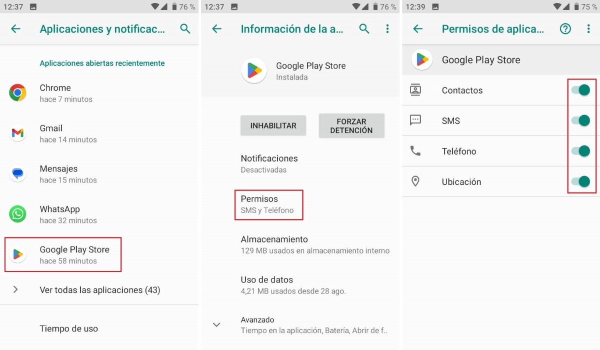 Cambiar los permisos de Google Play Store